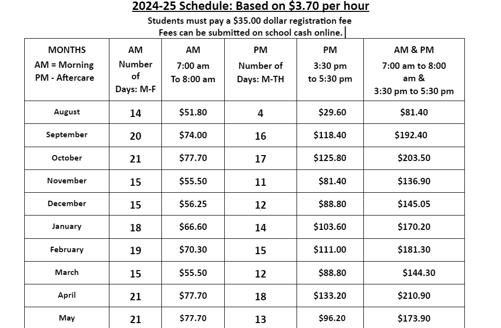 Fee Schedule for after care at BAK